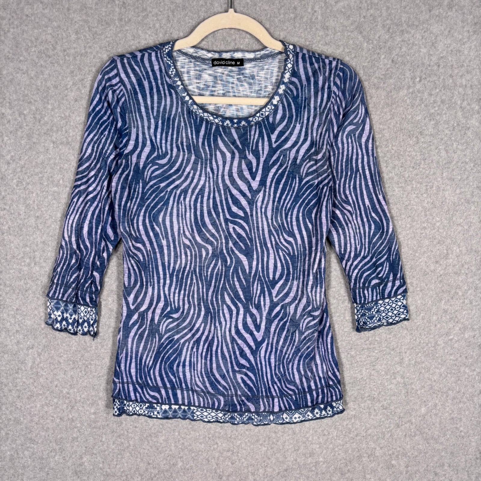 David Cline Top Medium Blue Zebra Animal Print Aztec Southwest Crinkle Trim